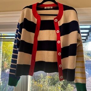 Boden Navy and Cream Striped Button-Up Cardigan with Red Trim